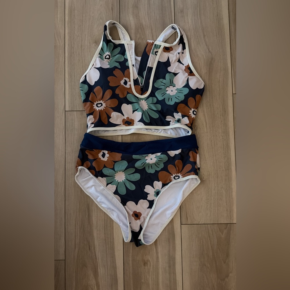 Floral Two-Piece Bikini Set in Navy, Brown & Mint